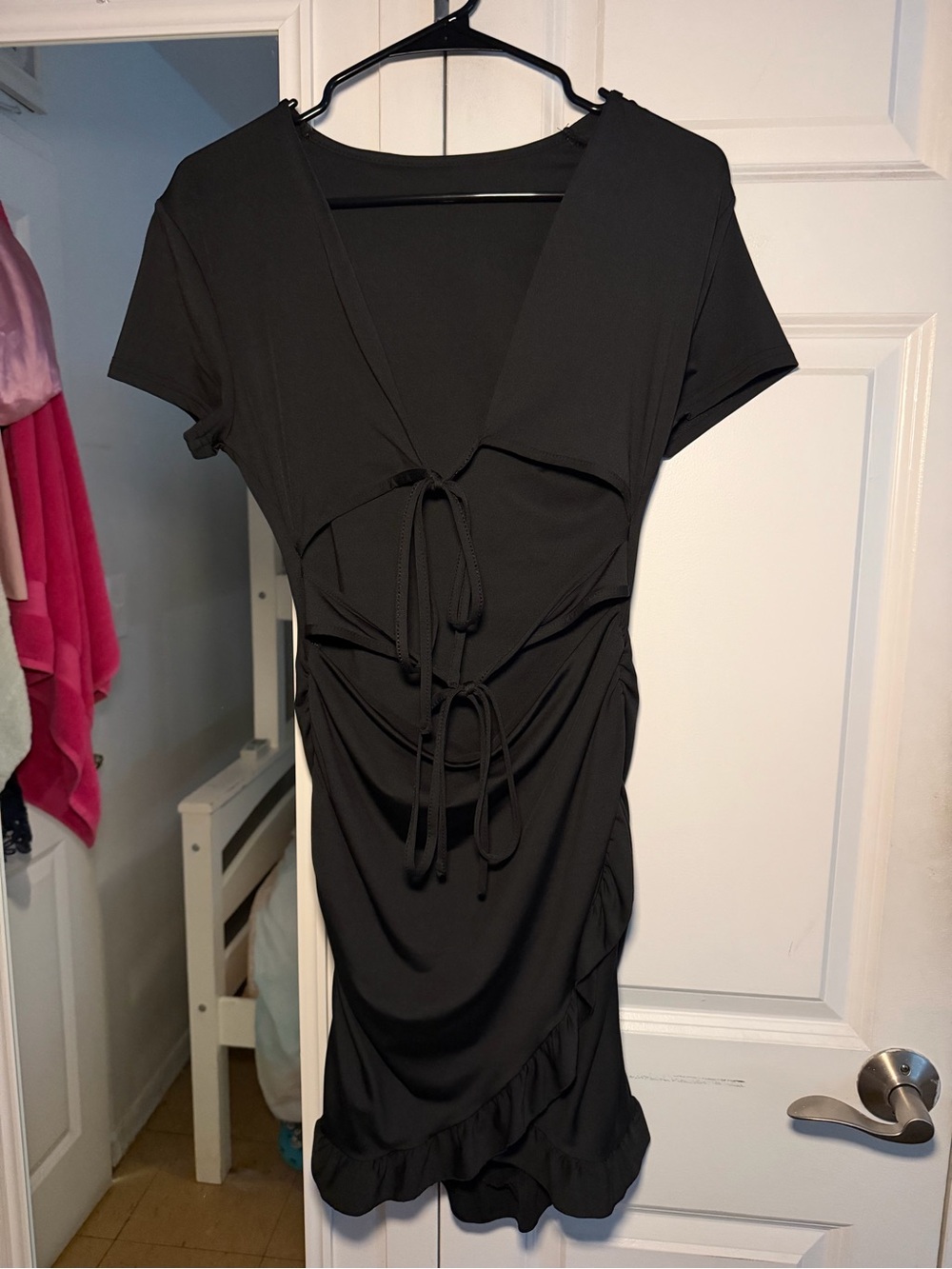 SHEIN Black Tie-Front Ruched Ruffle Mini Dress